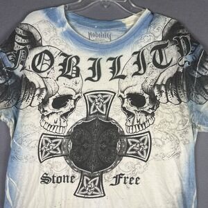 Y2K Nobility Skull Cross T Shirt Grunge Goth Punk With Blue‎ Trim Sz Large